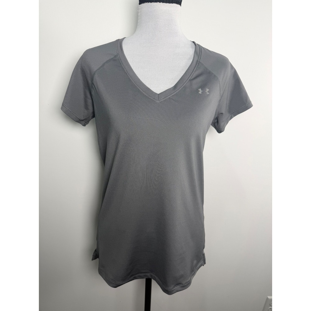 Under Armour HeatGear Womens Gray V-Neck Fitted Athletic T-Shirt 1269102‎ SM